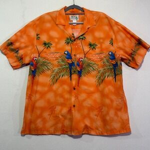 KY'S Mens Hawaiian Shirt Orange Parrot Palm Tree Vacation Aloha Button Up 2XL